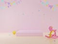 Stand and display pink pastel in baby room interior . 3D rendering