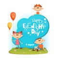 Stand with Friendship Day title, children, balloons, flowers and grass. Vector illustration