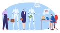 Stand line queue, standing artificial intelligence robot and human character together job interview flat vector