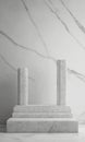 Stand made of light-colored marble slabs and two columns. Product stand and podium for display