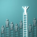 One light man standing with arms wide open on top of the longest ladder above other dim people on light green background Royalty Free Stock Photo