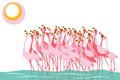 Stand of pink flamingoes in water. Flock of birds. Simple flat style