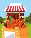 stand selling vegetable carrots in wooden basket