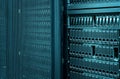 Stand with server hardware and lighting in modern data center motion blur Royalty Free Stock Photo