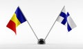 Stand with two national flags. Flags of Romania and Finland. Isolated on a white background. 3d rendering
