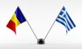 Stand with two national flags. Flags of Romania and Greece. Isolated on a white background. 3d rendering