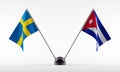 Stand with two national flags. Flags of Sweden and Cuba. Isolated on a white background. 3d rendering