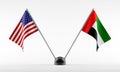 Stand with two national flags. Flags of USA and United Arab Emirates. Isolated on a white background. 3d rendering