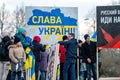 STAND WITH UKRAINE rally at the Dobele liberation monument to protest war and support Ukraine Royalty Free Stock Photo