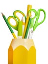 Stand under the office with stationery. Scissors, pencils, pens of yellow and green color. Element for clipart