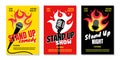 Stand up club comedy night live show A3 A4 poster design templates. Retro mike with fire on yellow red black background Royalty Free Stock Photo
