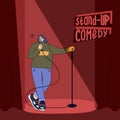 Stand-up comedic woman. Comedy artist. The performance of a female comedian