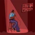 Stand-up comedic woman. Comedy artist. The performance of a female comedian