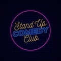 Stand up comedy club board sign logo badge. Retro glowing neon light effect for night entertainment vector illustration on dark