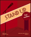 Stand up comedy event poster. Retro style vector illustration with black silhouette of microphone, badge best comedians and text.