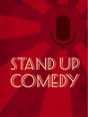 Stand up comedy event poster. Retro style vector illustration of dark silhouette of microphone at red starburst textured