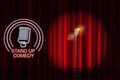 Stand up comedy with neon microphone sign and red curtain backdrop. Comedy night stand up show or karaoke party. Vector