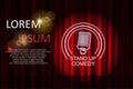 Stand up comedy with neon microphone sign and red curtain backdrop. Comedy night stand up show or karaoke party. Vector