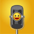 Stand up comedy show poster with microphone and smiling face. Humor event vector background.