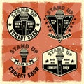 Stand up comedy show set of emblems, badges, labels, logo in vintage colored style. Vector illustration with grunge Royalty Free Stock Photo