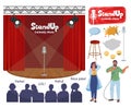 Stand up comedy show stage, comedian cartoon characters with microphones, audience flat vector illustration. Comedy club Royalty Free Stock Photo