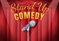 Stand Up Comedy Show Theater Scene with Red Curtains and Open Microphone to Comedian Performing on Stage in Flat Illustration Royalty Free Stock Photo