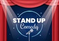 Stand Up Comedy Show Theater Scene with Red Curtains and Open Microphone to Comedian Performing on Stage in Flat Illustration Royalty Free Stock Photo