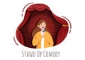 Stand Up Comedy Show Theater Scene with Red Curtains and Open Microphone to Comedian Performing on Stage in Flat Illustration Royalty Free Stock Photo