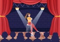 Stand Up Comedy Show Theater Scene with Red Curtains and Open Microphone to Comedian Performing on Stage in Flat Illustration Royalty Free Stock Photo