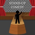 Stand-Up Comedy Vector Interior. Man or Woman Performs on Stage. Hand Up. Theater Scene with Red Curtains and Grey Brick Wall. Royalty Free Stock Photo