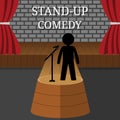 Stand-Up Comedy Vector Interior. Man or Woman Performs on Stage. Theater Scene with Red Curtains and Grey Brick Wall. Vector