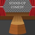 Stand-Up Comedy Vector Interior. Theater Scene with Red Curtains and Grey Brick Wall. Vector illustration for Your Design