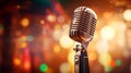 Stand-up concept. Audio microphone retro style on bokeh background. Comedy show or Jazz festival