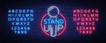 Stand Up Logo in Neon Style. Comedy show is neon sign, symbol, an invitation to a comedy performance, bright banner