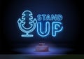 Stand Up neon sign. Neon sign, bright signboard, light banner. Microphone neon. Template for karaoke, live music, stand