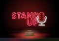 Stand Up neon sign. Neon sign, bright signboard, light banner. Microphone neon. Template for karaoke, live music, stand