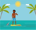 Stand up paddle boarder exercising in the ocean. Summer Vacation. Cartoon vector illustration. Sea tour. African