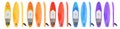 Stand Up Paddle Boards in in various colours: sunny yellow, red, orange, light blue and lilac. Royalty Free Stock Photo