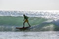 A stand up paddle surfer rides a point break wave at Arugam Bay in Sri Lanka.