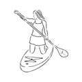 Stand up paddle surfing, boarding. Single female surfer with paddle. Surfrider girl on board. Paddleboarding, SUP Royalty Free Stock Photo