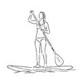 Stand up paddle surfing, boarding. Single female surfer with paddle. Surfrider girl on board. Paddleboarding, SUP Royalty Free Stock Photo