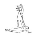 Stand up paddle surfing, boarding. Single female surfer with paddle. Surfrider girl on board. Paddleboarding, SUP