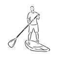 Stand up paddle surfing, boarding. Single female surfer with paddle. Surfrider girl on board. Paddleboarding, SUP Royalty Free Stock Photo