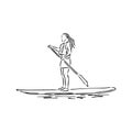 Stand up paddle surfing, boarding. Single female surfer with paddle. Surfrider girl on board. Paddleboarding, SUP