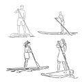 Stand up paddle surfing, boarding. Single female surfer with paddle. Surfrider girl on board. Paddleboarding, SUP