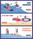 Stand up paddling water activity flyers or banners set flat vector illustration.