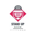 Stand up show logo design, comedy club sign with retro microphone vector Illustration on a white background. Royalty Free Stock Photo