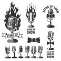 Stand up show. Set of emblems with retro microphones . Design element for logo, label, sign, poster, t shirt.