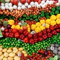 A stand with vegetables such as yellow pepper, beetroot, tomatoes, cucumber, pumpkin, carrots, radish, beetroot, garlic. Royalty Free Stock Photo