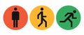 Three states icons of the human body position, stand, walk and run signs, simple abstract man symbols on circles